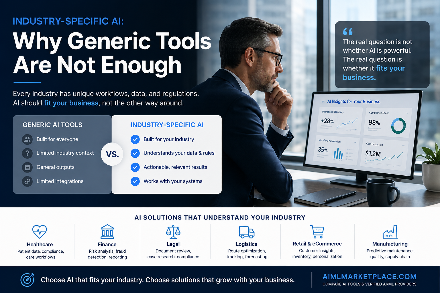 CEO reviewing industry-specific AI options for business workflows