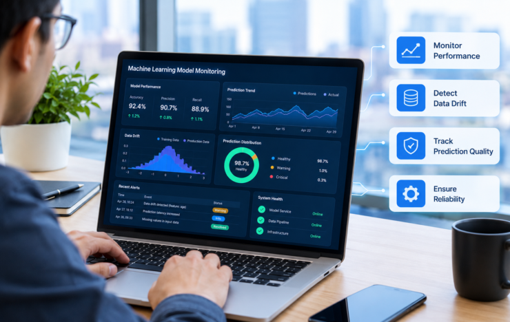 Machine learning model monitoring dashboard showing data trends and prediction performance
