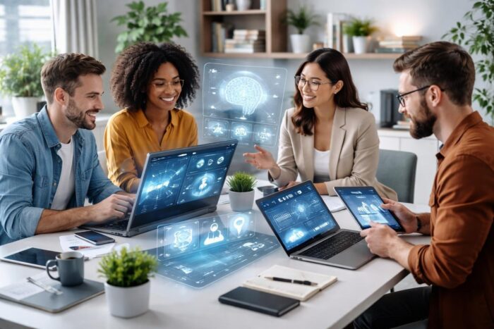 Business team evaluating AI tools and software platforms